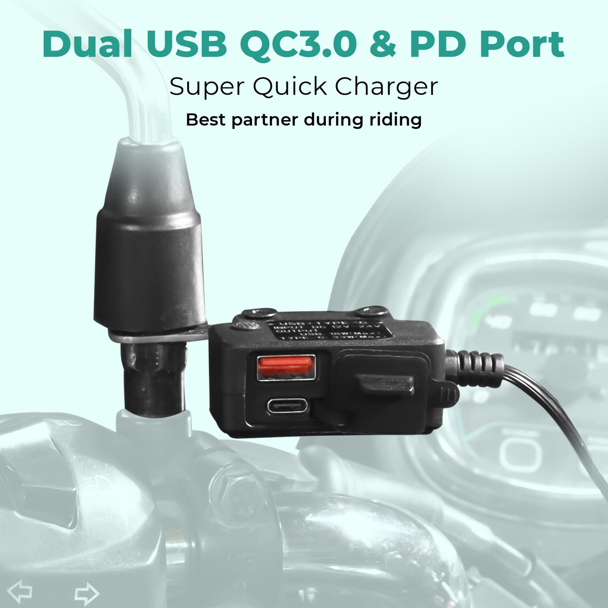 Simtac 51W dual USB fast charger installed on motorcycle handlebar | MotoARZT