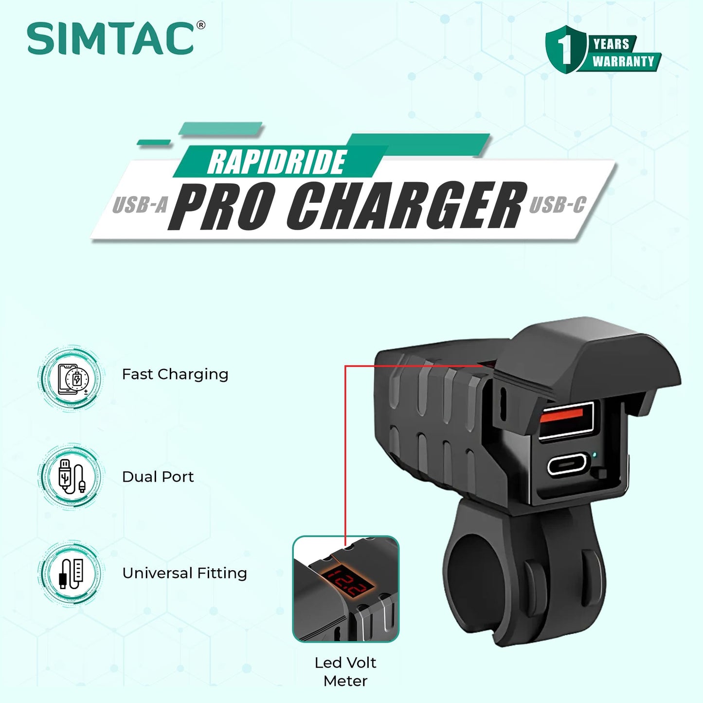 Simtac RapidRide Pro 51W fast bike charger with USB-C PD and USB-A QC 3.0 ports and digital voltmeter | MotoARZT