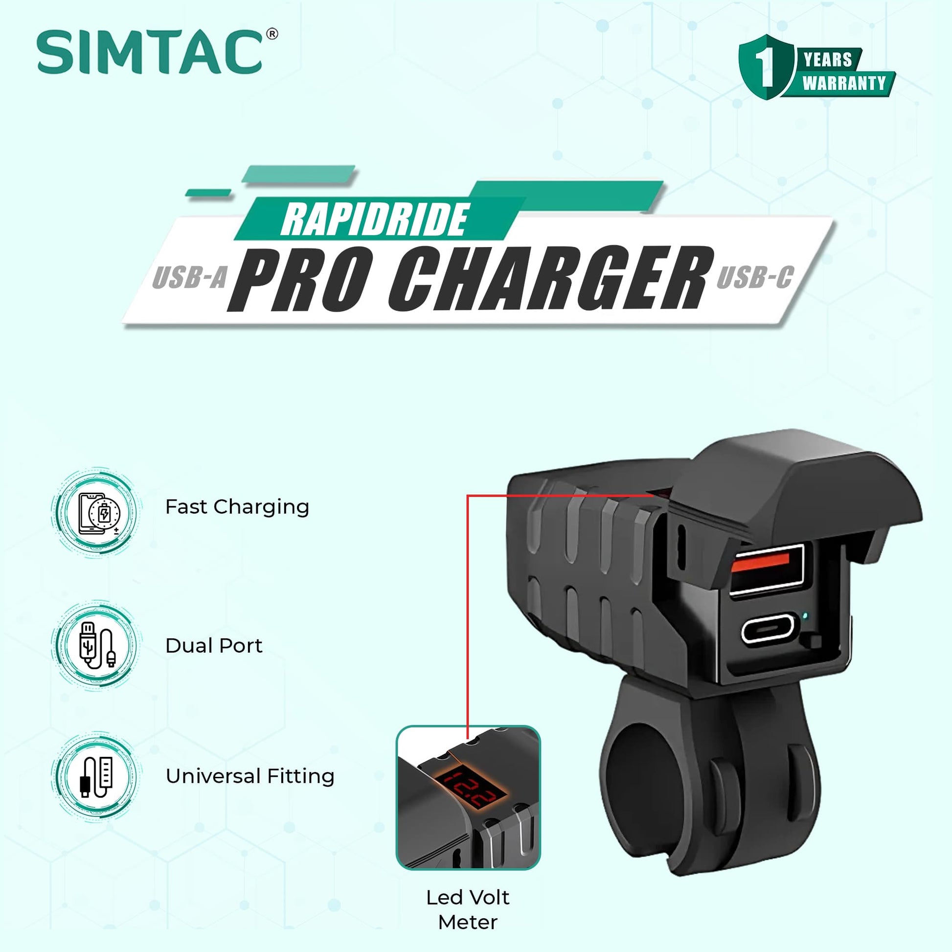 Simtac RapidRide Pro 51W fast bike charger with USB-C PD and USB-A QC 3.0 ports and digital voltmeter | MotoARZT