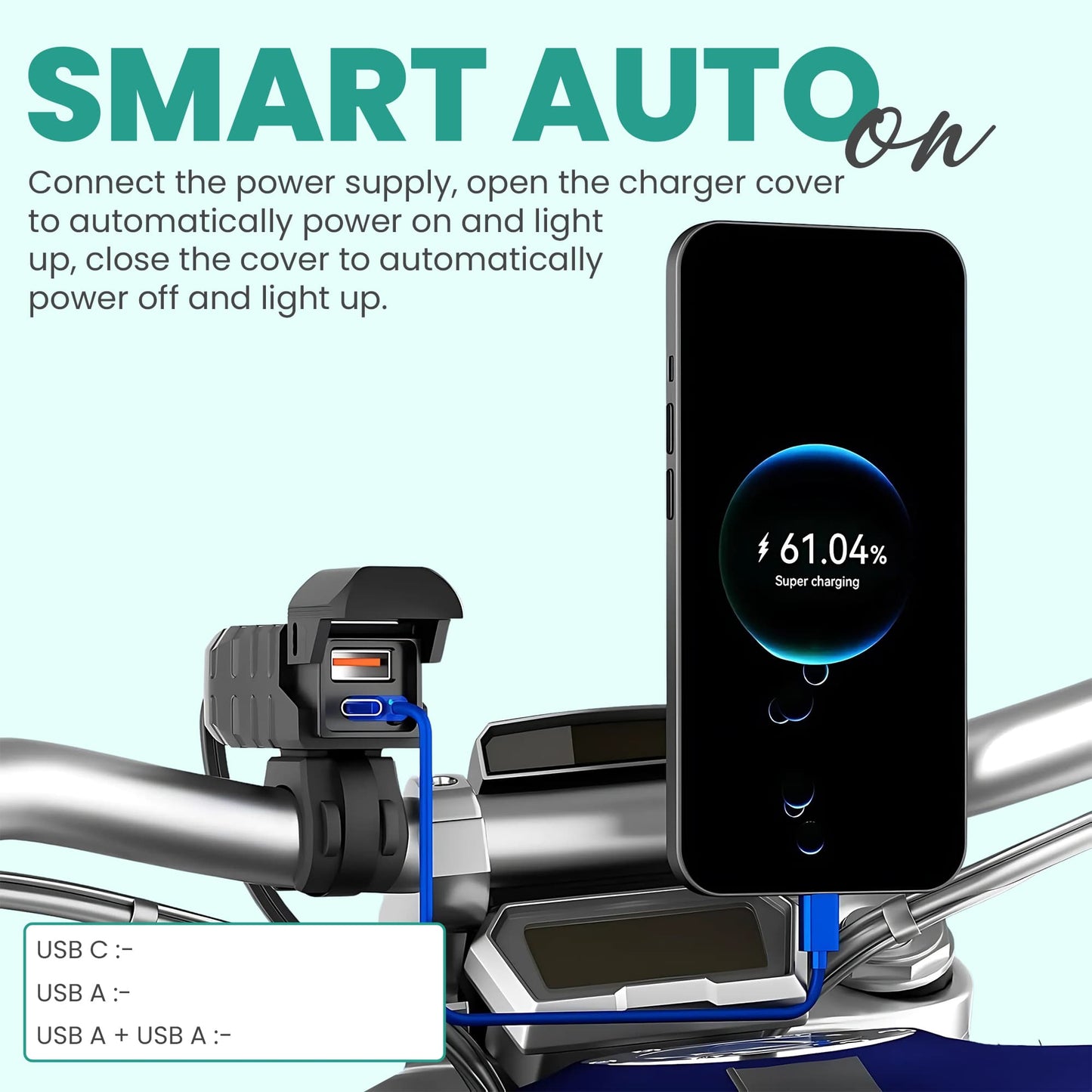 Simtac Smart auto power supply and phone charger on a motorcycle handlebar with smartphone displaying charging progress | MotoARZT