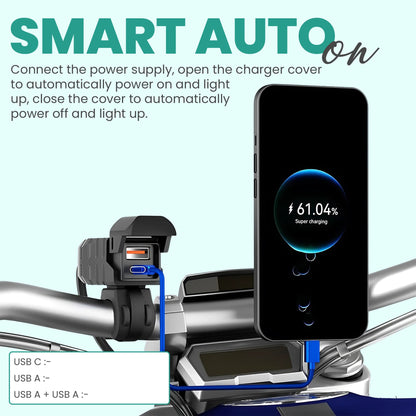 Simtac Smart auto power supply and phone charger on a motorcycle handlebar with smartphone displaying charging progress | MotoARZT