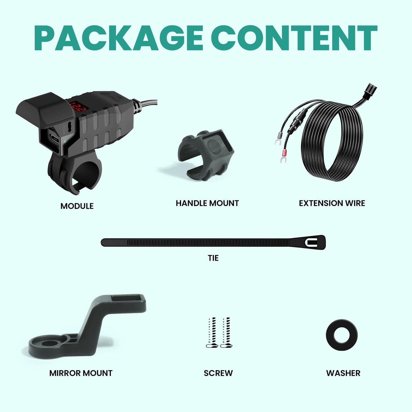 Package content list with Simtac Rapid Ride pro Charger motorcycle accessories on a white background | MotoARZT