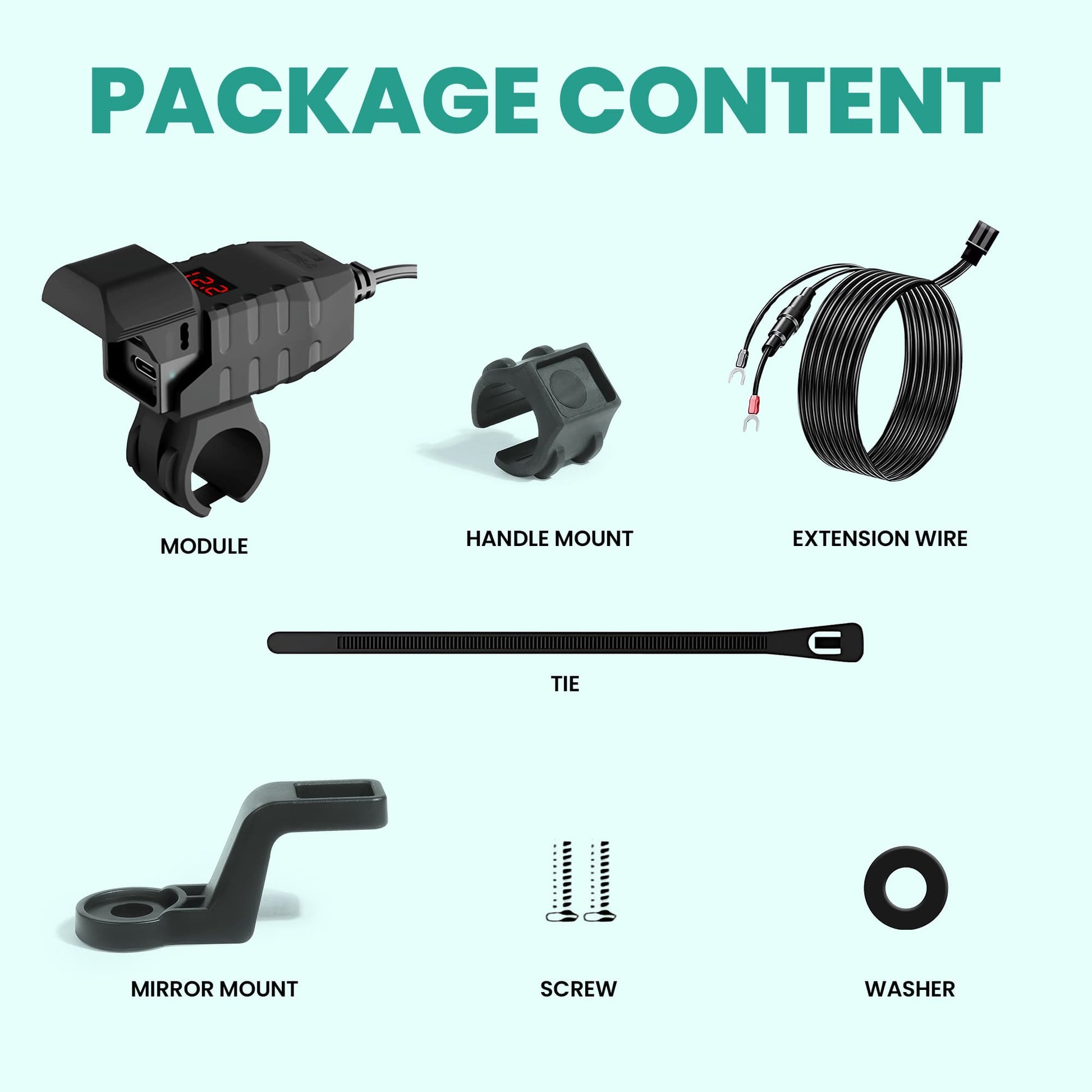 Package content list with Simtac Rapid Ride pro Charger motorcycle accessories on a white background | MotoARZT