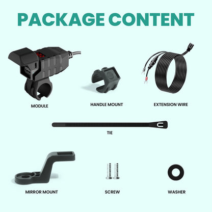 Package content list with Simtac Rapid Ride pro Charger motorcycle accessories on a white background | MotoARZT