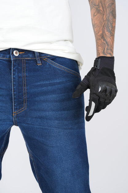 Shadow-2.0_03: Shadow 2.0 dark blue denim close-up showing the front pocket, waistband and contrast stitching, at MotoARZT.