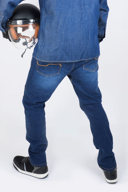 Shadow-2.0_05: Rear view of Shadow 2.0 dark blue riding jeans showing the tapered legs and stitched back pockets, at MotoARZT.