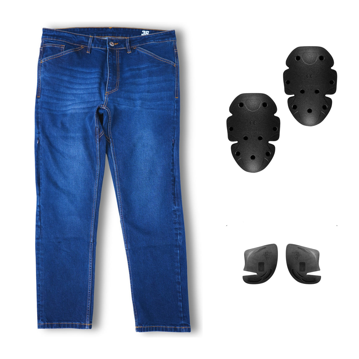 MAIN_With-Armour: Shadow 2.0 dark blue riding jeans laid flat beside two knee and two hip protectors, With Armour option at MotoARZT.
