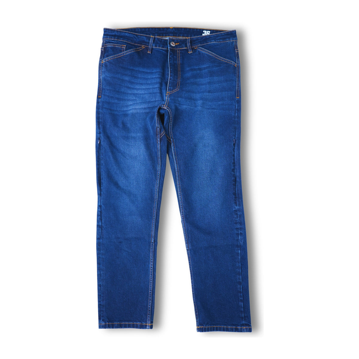 MAIN_Without-Armour: Front view of Shadow 2.0 dark blue riding jeans laid flat, Without Armour option at MotoARZT.
