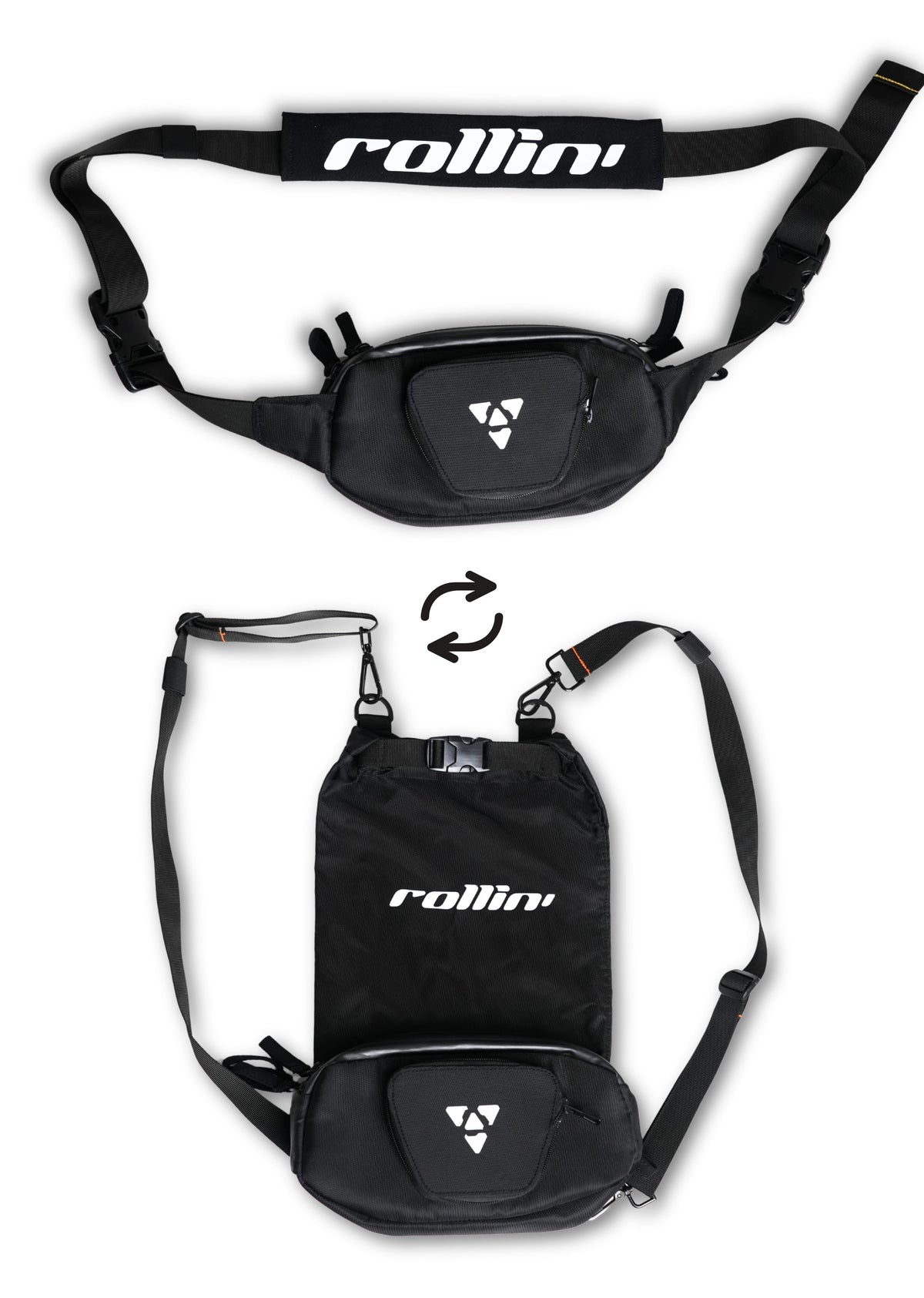 Shift-Pack_01.jpg: Black Rollin’Denims Shift-Pack MOD-X shown in fanny-pack and backpack configurations, available at MotoARZT.