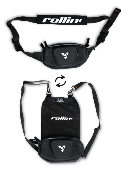 Shift-Pack_01.jpg: Black Rollin’Denims Shift-Pack MOD-X shown in fanny-pack and backpack configurations, available at MotoARZT.