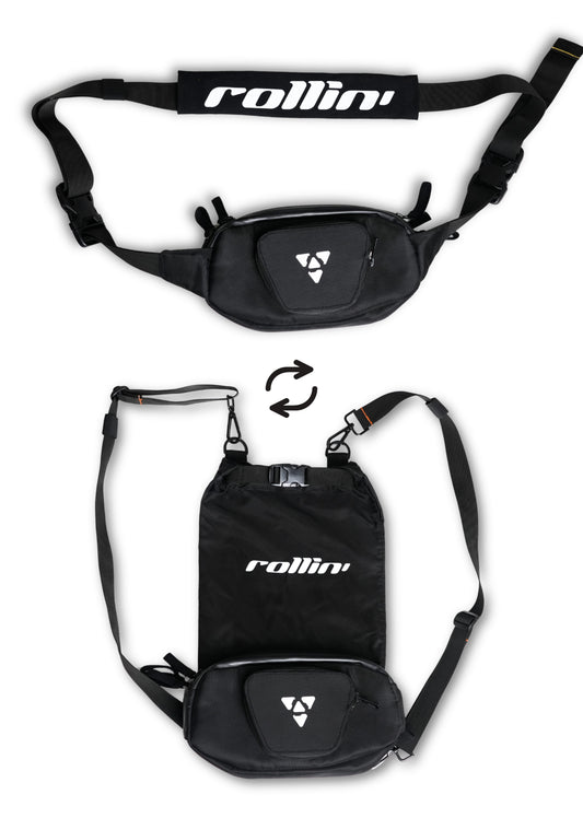 Shift-Pack_01.jpg: Black Rollin’Denims Shift-Pack MOD-X shown in fanny-pack and backpack configurations, available at MotoARZT.