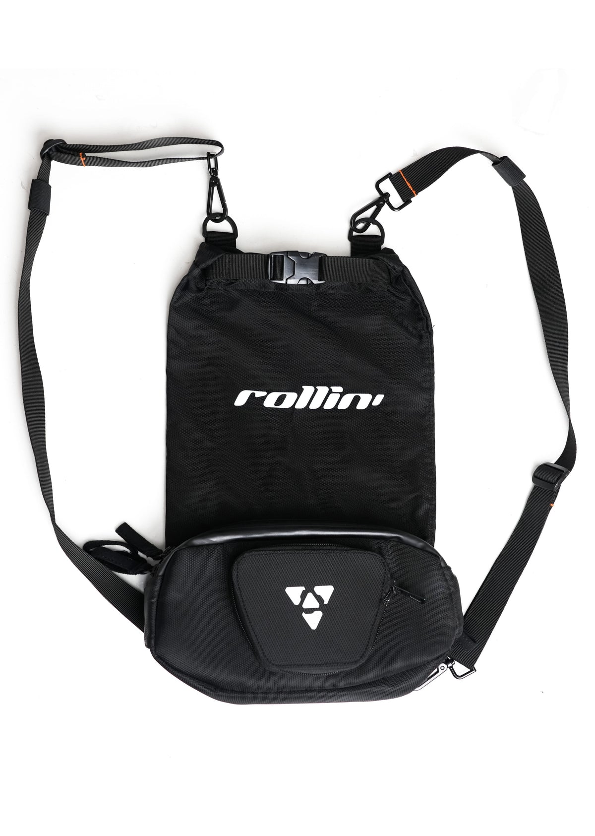 Shift-Pack_02.jpg: Rollin’Denims Shift-Pack backpack with two shoulder straps, rollin’ wordmark and front zip pocket, at MotoARZT.
