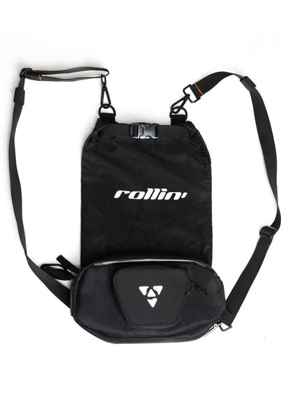 Shift-Pack_02.jpg: Rollin’Denims Shift-Pack backpack with two shoulder straps, rollin’ wordmark and front zip pocket, at MotoARZT.