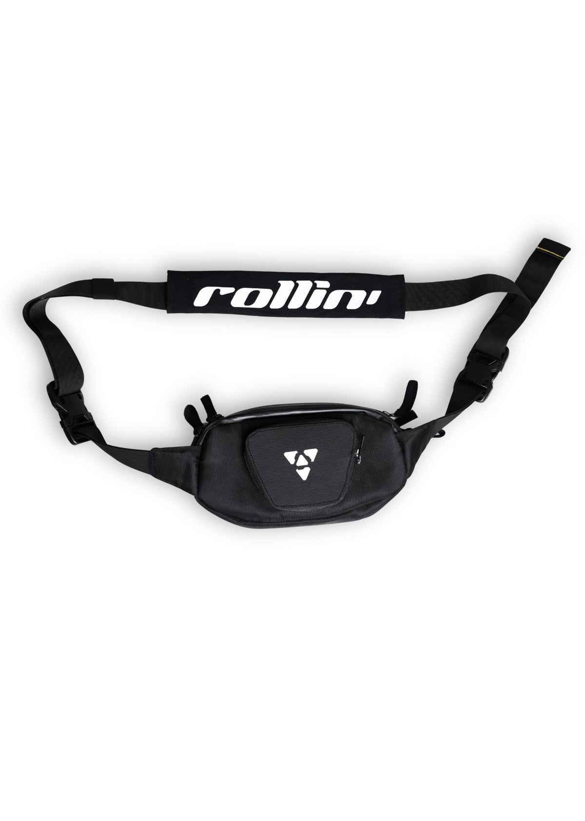 Shift-Pack_03.jpg: Black Rollin’Denims Shift-Pack in fanny-pack mode with adjustable waist strap and logo front pocket, at MotoARZT.