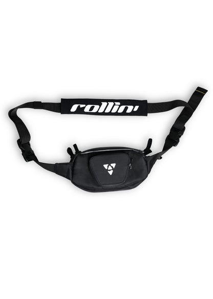 Shift-Pack_03.jpg: Black Rollin’Denims Shift-Pack in fanny-pack mode with adjustable waist strap and logo front pocket, at MotoARZT.