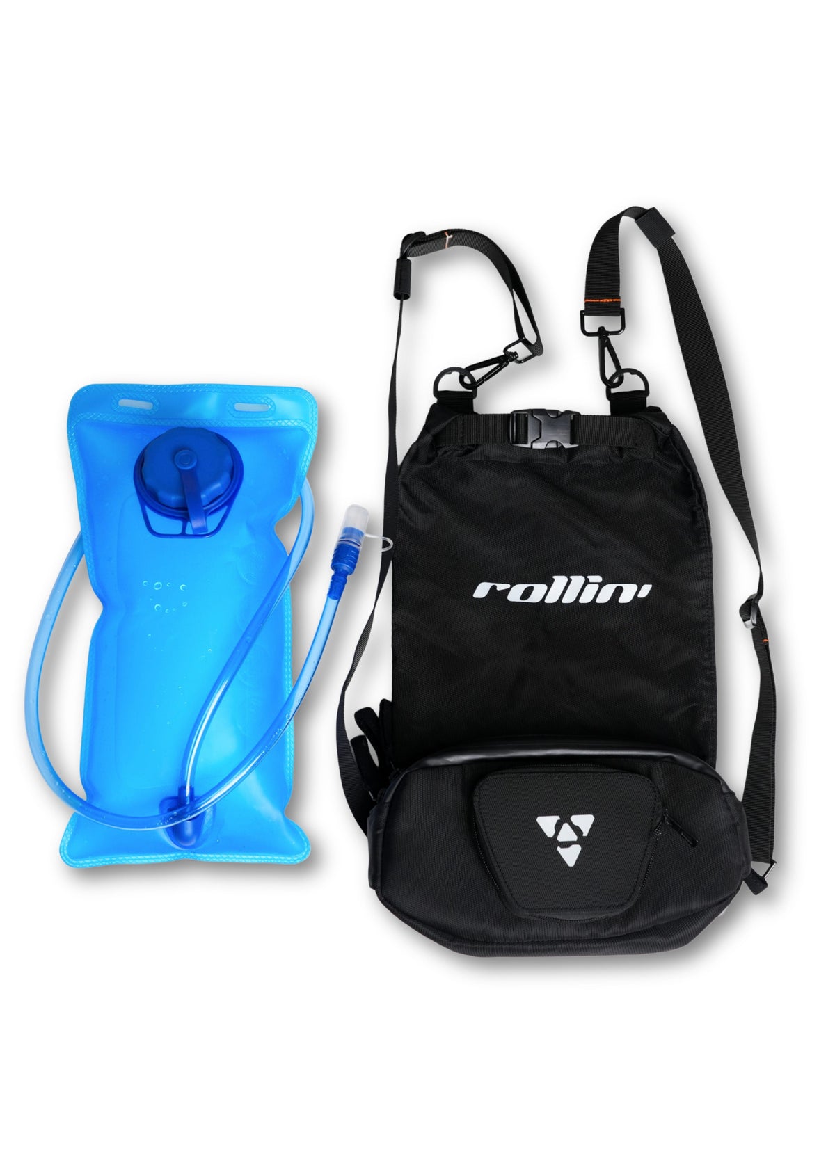 Shift-Pack_04.jpg: Rollin’Denims Shift-Pack backpack beside a blue hydration bladder and drinking tube, illustrating hydration compatibility, at MotoARZT.