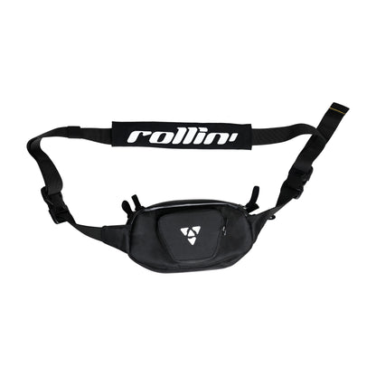 Shift-Pack_MAIN_1x1: Square product photo of the black Rollin’Denims Shift-Pack fanny pack with branded waist strap, at MotoARZT.