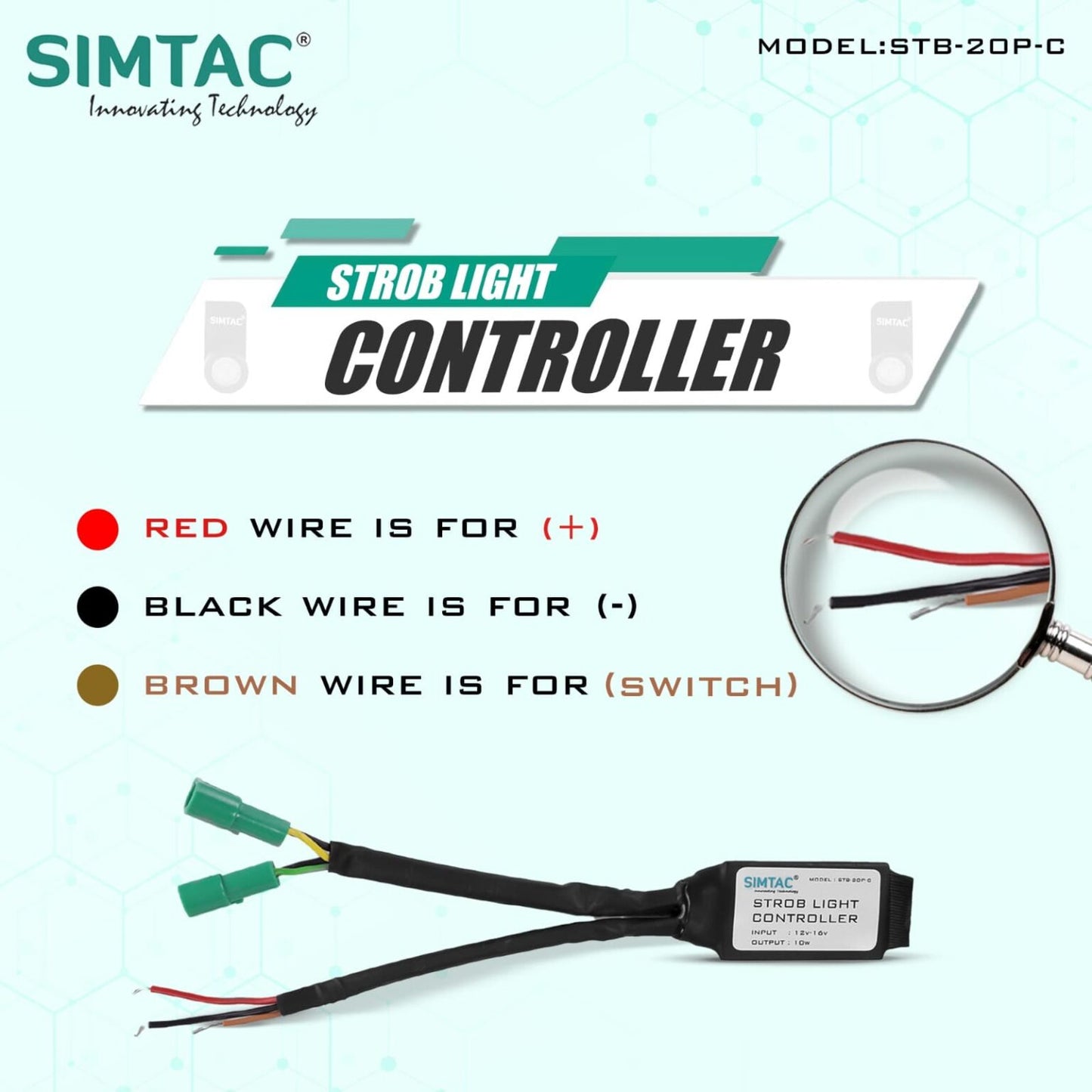 SimTAC strobe light controller with wiring diagram on a white background