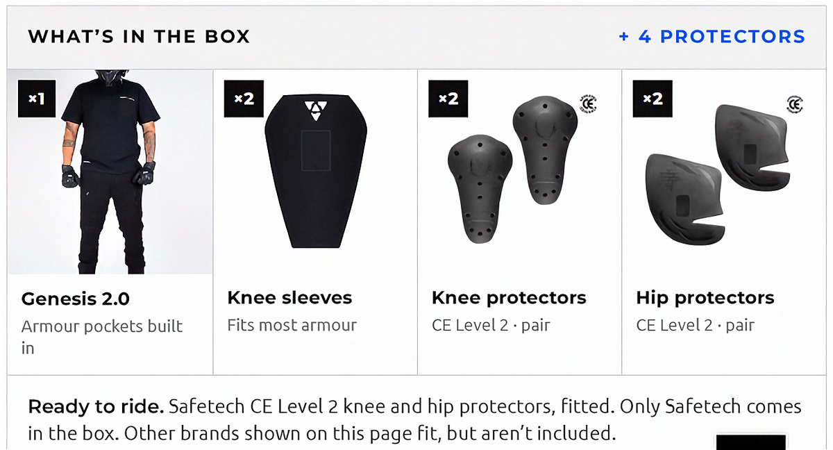 With Armour package contents: Genesis 2.0 jeans, two knee sleeves, two knee protectors and two hip protectors | MotoARZT