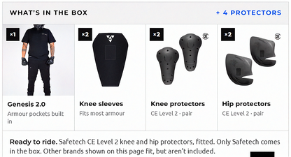 With Armour package contents: Genesis 2.0 jeans, two knee sleeves, two knee protectors and two hip protectors | MotoARZT