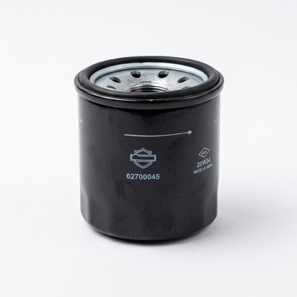 Harley-Davidson oil filter 62700045 showing black housing, printed part number, threaded mounting base and sealing ring.
