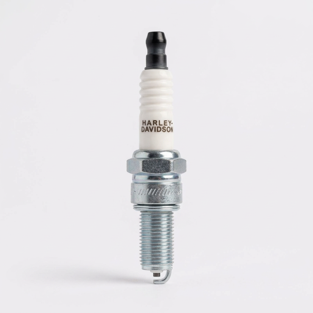 Single Harley-Davidson Street 750 spark plug with white ceramic insulator, black terminal and silver threaded electrode end.