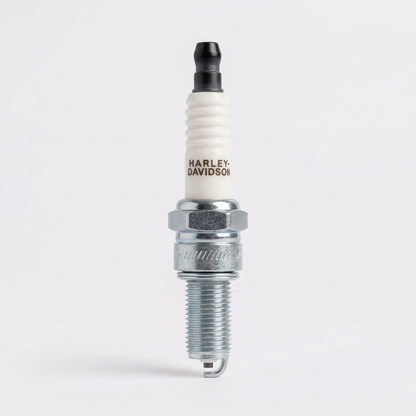 Single Harley-Davidson Street 750 spark plug with white ceramic insulator, black terminal and silver threaded electrode end.
