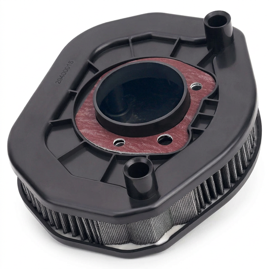 Angled view of Sportster air filter with mesh pleats, circular intake opening and red-brown gasket.