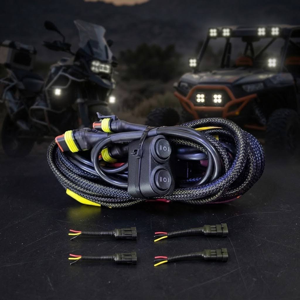 AUXPRO Four Fog Light Harness for Bikes – Dual Color (White/Yellow) with High/Low Beam Switchable | MotoARZT