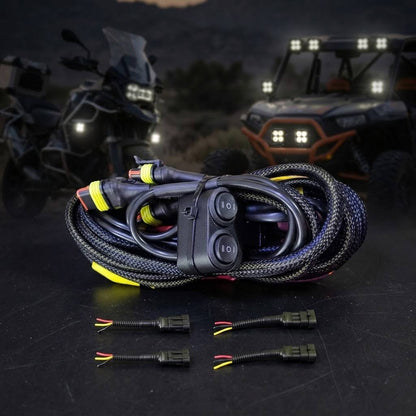 AUXPRO Four Fog Light Harness for Bikes – Dual Color (White/Yellow) with High/Low Beam Switchable | MotoARZT