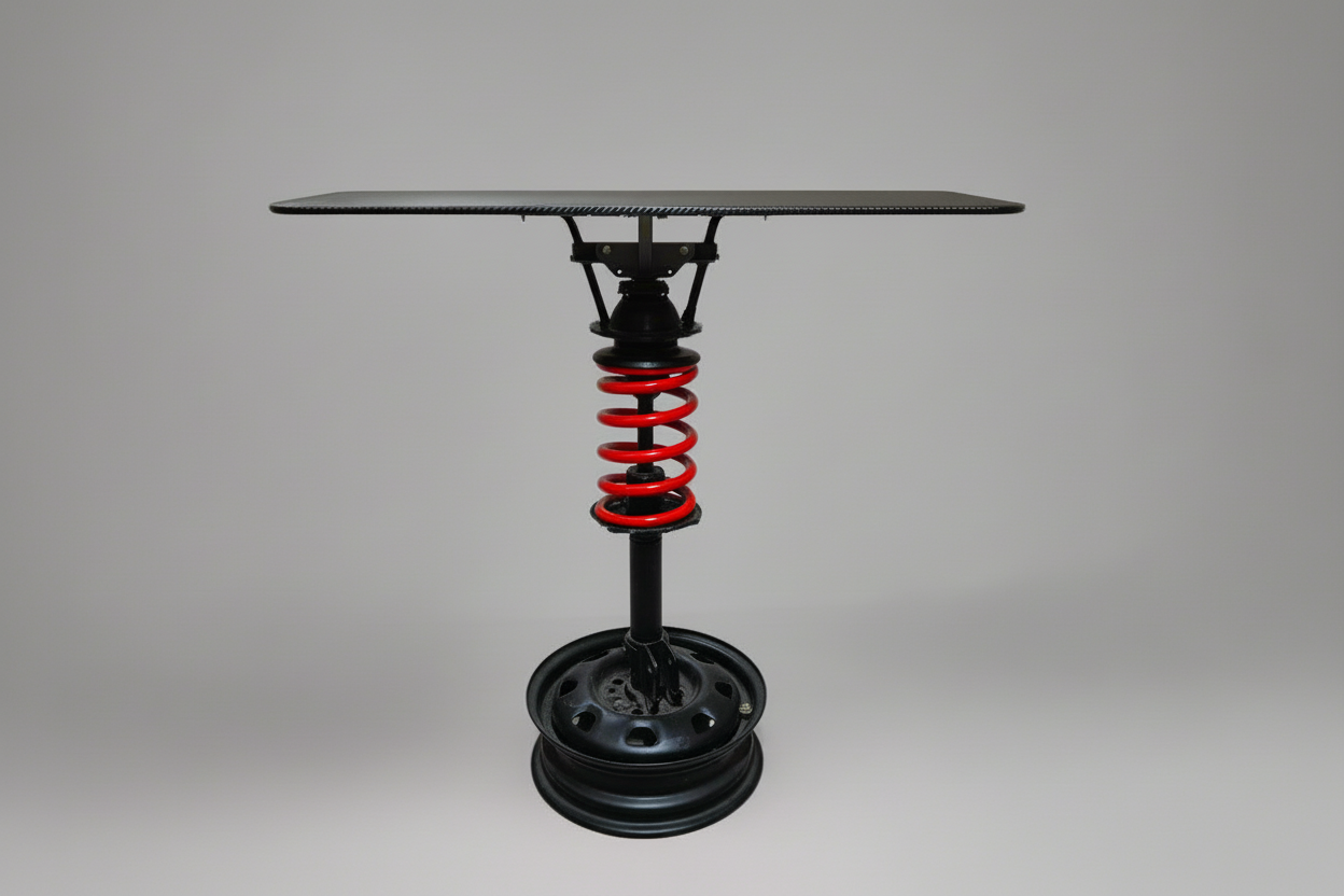 hocker suspension side table with red spring and wheel rim base - Unique motorcycle-inspired home decor