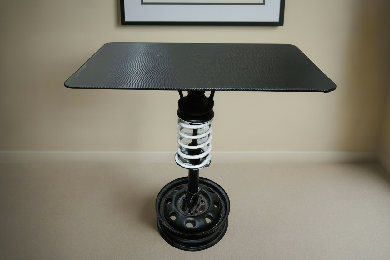 Motorcycle suspension table with white coil spring and carbon fiber top - Premium automotive furniture for garage or man cave