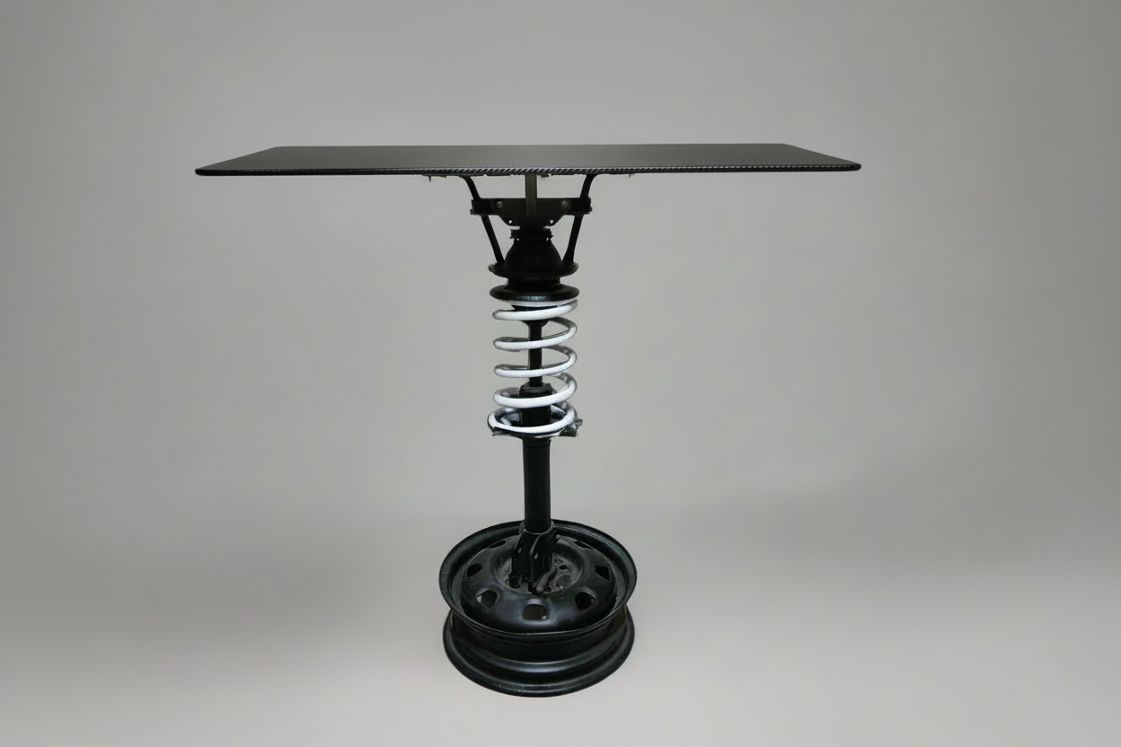 hocker suspension side table with white spring and wheel rim base - Unique motorcycle-inspired home decor