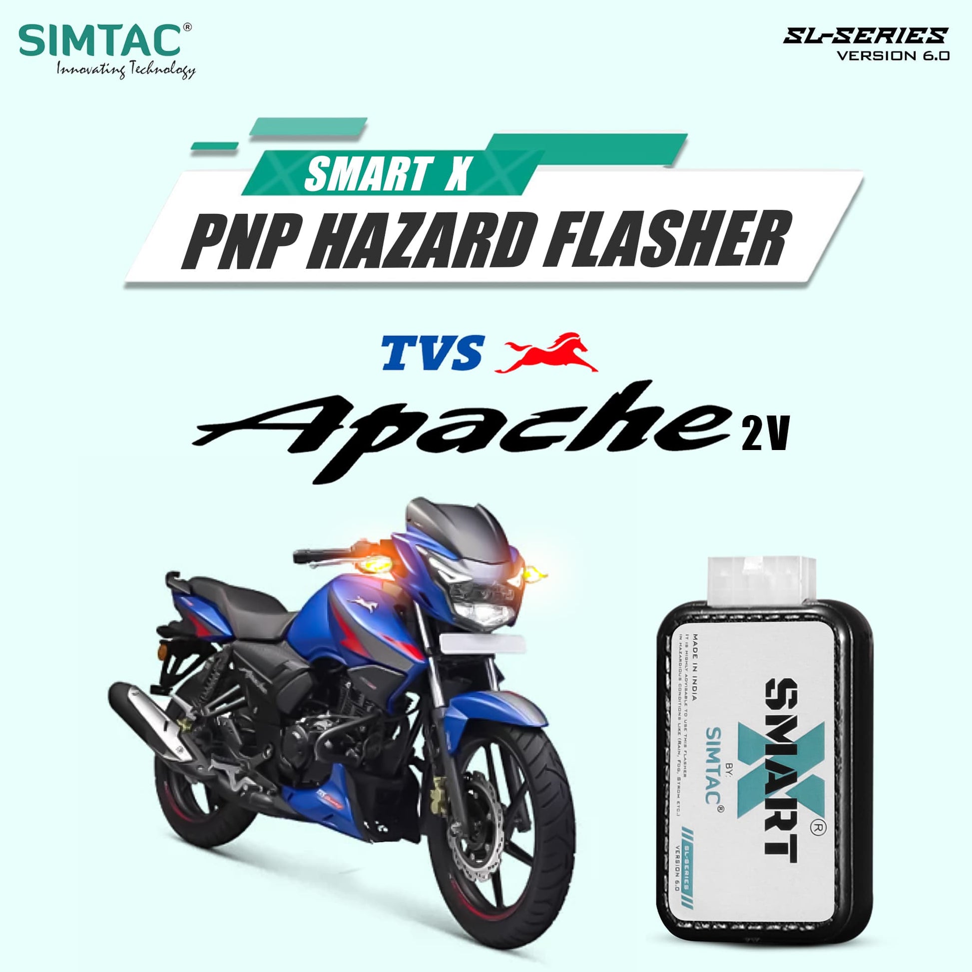 Simtac SMART-X Hazard Flasher AP-SL6 installed on TVS Apache 2V motorcycle | MotoARZT